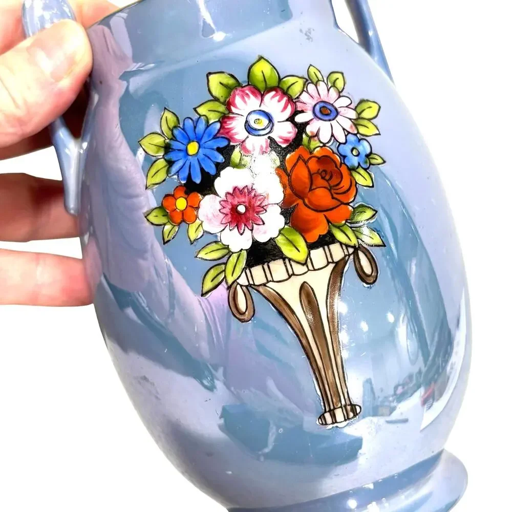 Vintage Japan Vase blue lustre ware urn shape side handles floral decorative